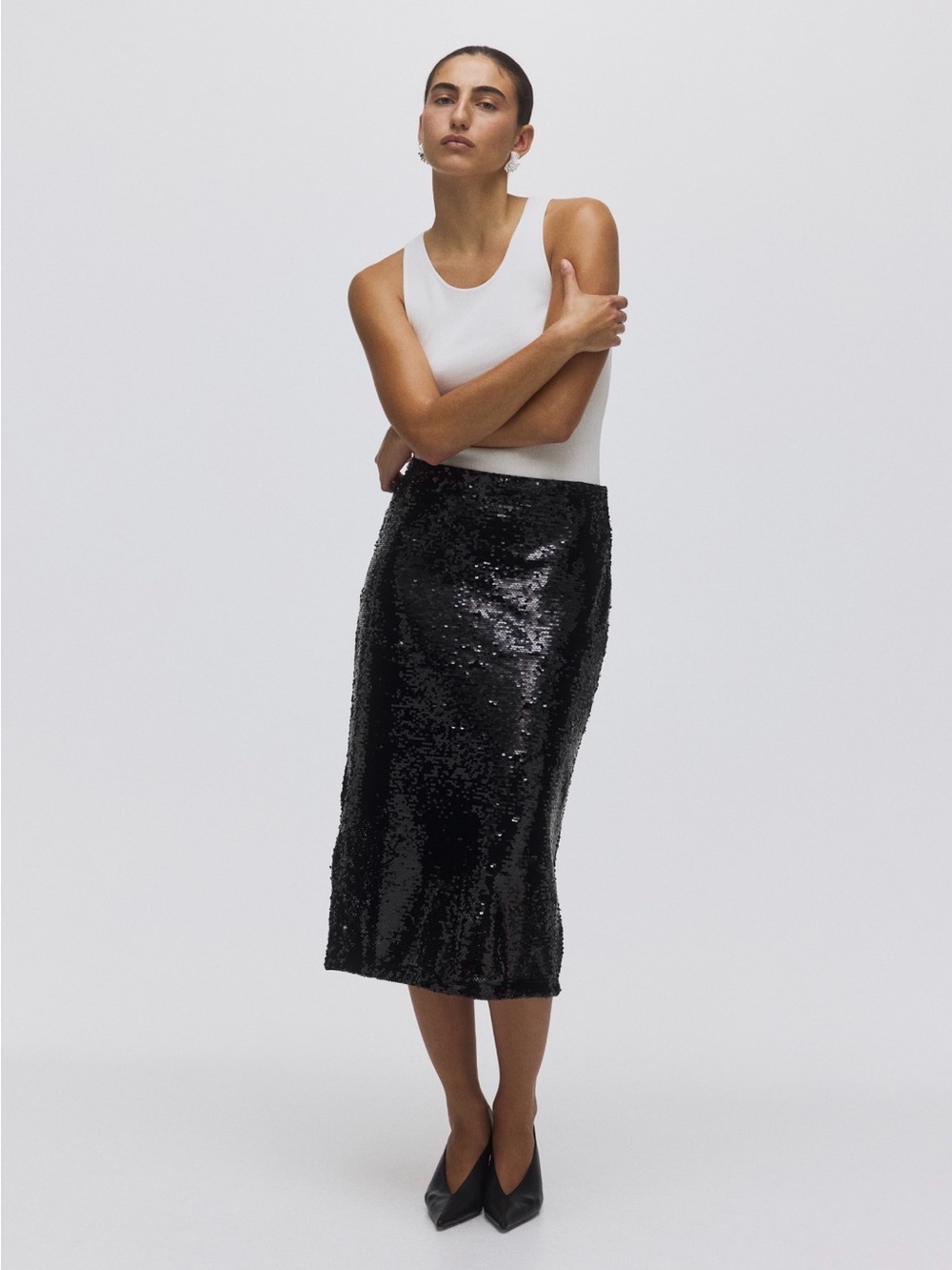 H&M Black Sequin Midi Skirt